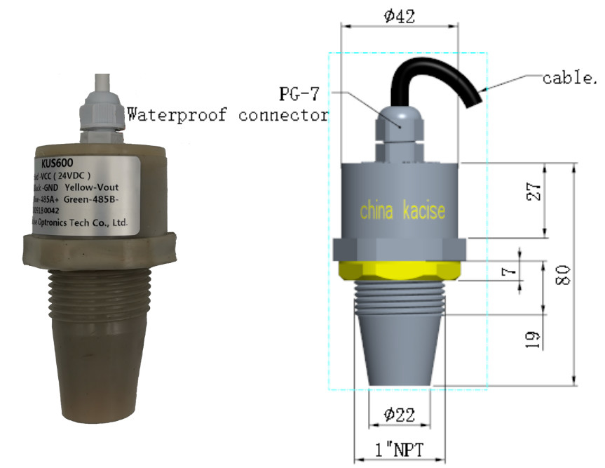 IP68 5m Ultraschall-Wasserstandsmesser RS485 Ausgang Flüssigkeitsstandsensor PVDF KUS600