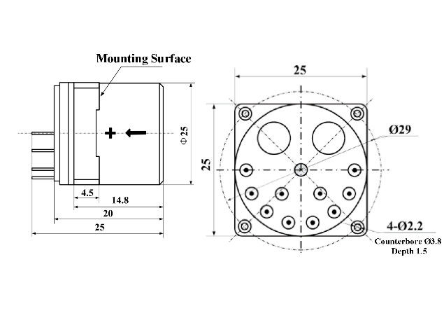 KSQA11 Quarz-Beschleunigungsmesser mit -45 bis +100 °C Betriebstemperatur, 500 g Stoßfestigkeit und kompakter Größe von Ø25 x 25 mm